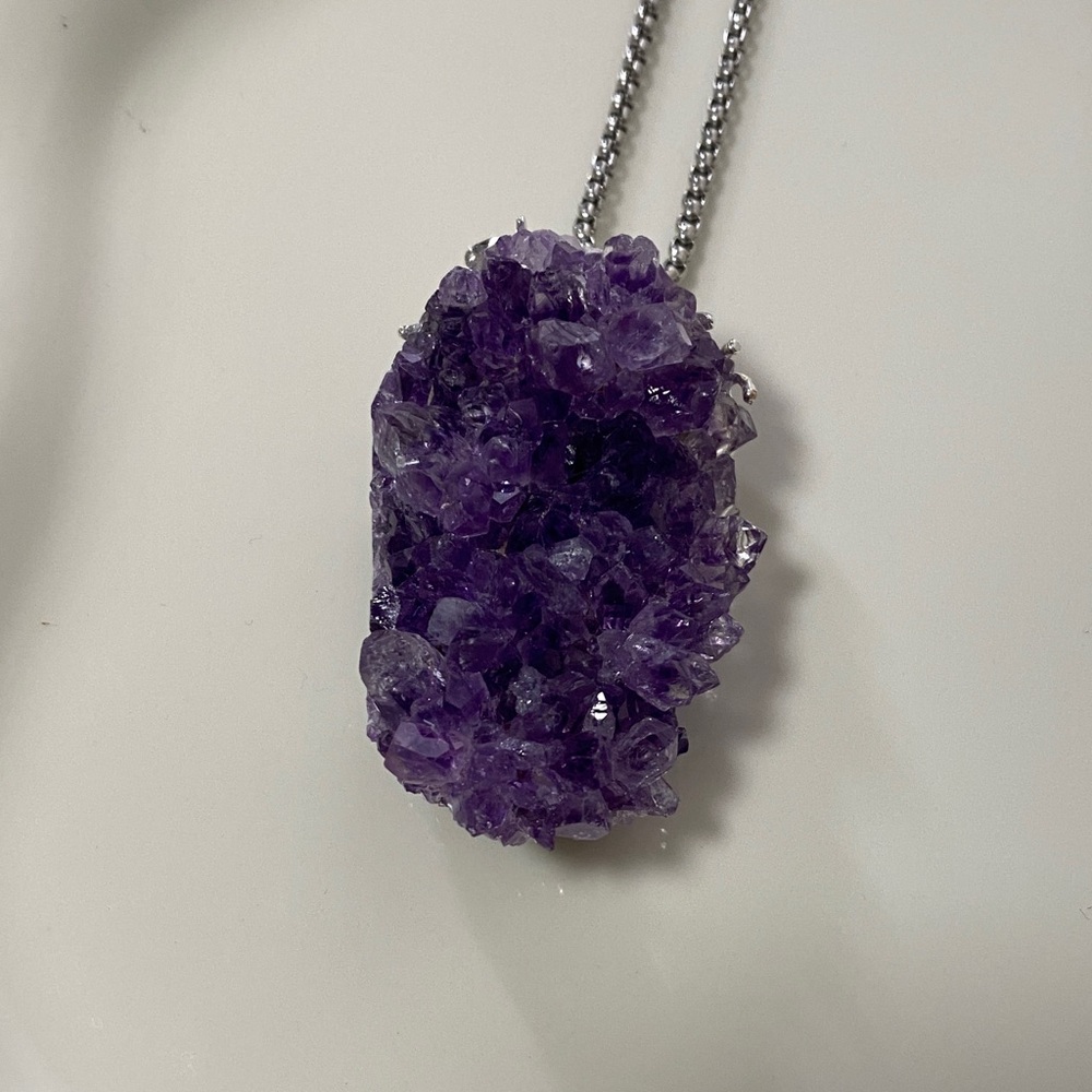 Deep Purple Amethyst Geode Druzy Necklace – Raw Crystal Statement Pendant